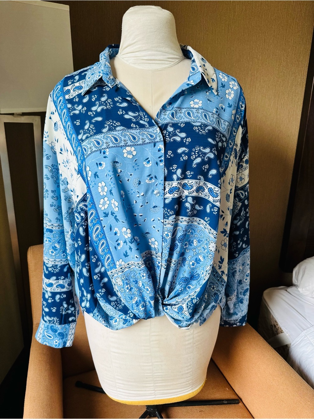 Blue Paisley Knot-Front Button Down Shirt - Women's
